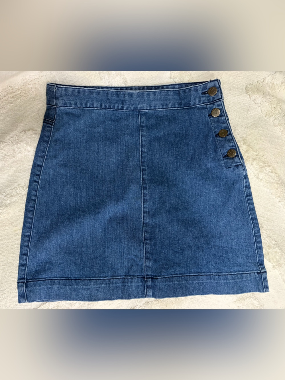 Harper Blue Denim Skirt with Button Hem Detail